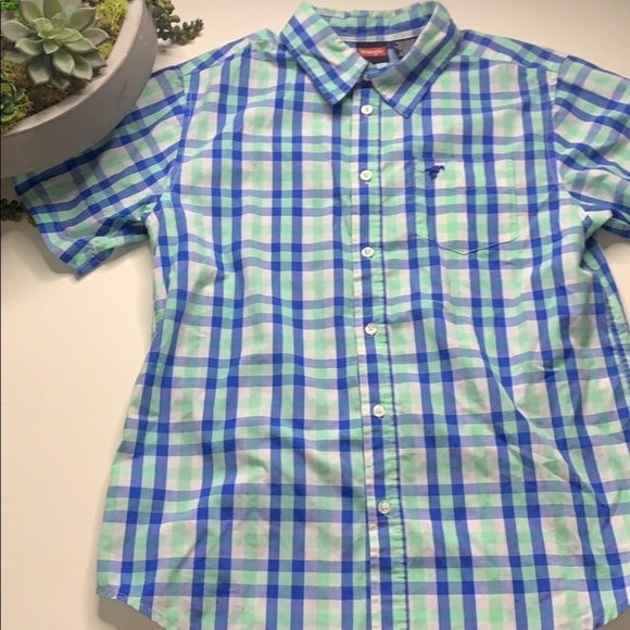 Wrangler plaid Casual short sleeve Button Down shirt Kid’s XXL blue green - Picture 1 of 7